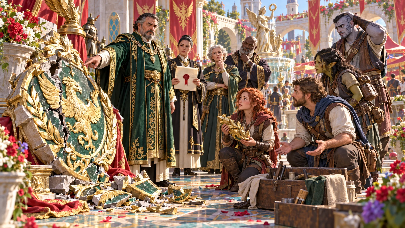 A damaged market display and gathered advisers reveal an offended guildmaster